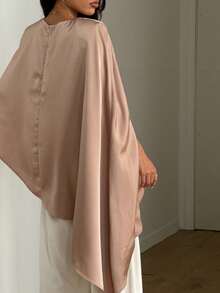 女士法式优雅通勤圆领梭织垫肩长款不对称下摆衬衫，打造独特造型 - 卡其色 - 查看 6