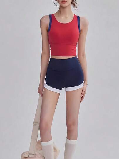 女士运动泳装套装，速干露背背心、撞色运动文胸和复古泳裤，时尚两件式泳装