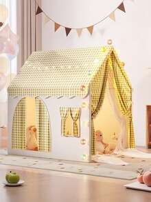 Children's Game House Tent, Large Indoor Parent Child Interactive Game Room, Crawling Game House Tent Suitable For Both Boys And Girls, Outdo Or Fun Game Tent, Durable Checkered Tent, Perfect Gift For Children, Tent For Kids, Tent, Equipped With Star Lights (Without Battery) - 卡其帳篷+燈套裝A(布質窗簾) - 查看 3
