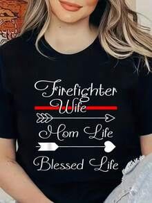Camiseta con Estampado 'Vida de Mamá Bombero, Vida Bendecida', Camisetas Gráficas para Mujer - Negro - Ver 6