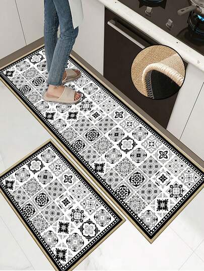 Alfombra de cocina de lino de 3.5 mm de grosor, alfombra de cocina absorbente con patrón de azulejos, alfombra con borde para evitar el desprendimiento, que absorbe el agua y es fácil de limpiar, con superficie de lino, centro de espuma y base de goma, adecuada para cocina, baño, lavandería, pasillo, sala de estar y otros espacios