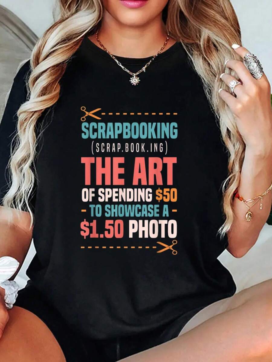 Womens Scrapbooking Lady Paper Scrapbook Tees T-Shirt, Tops For Women, Vacation Outfits Woman, Summer Tops - Black - View 1