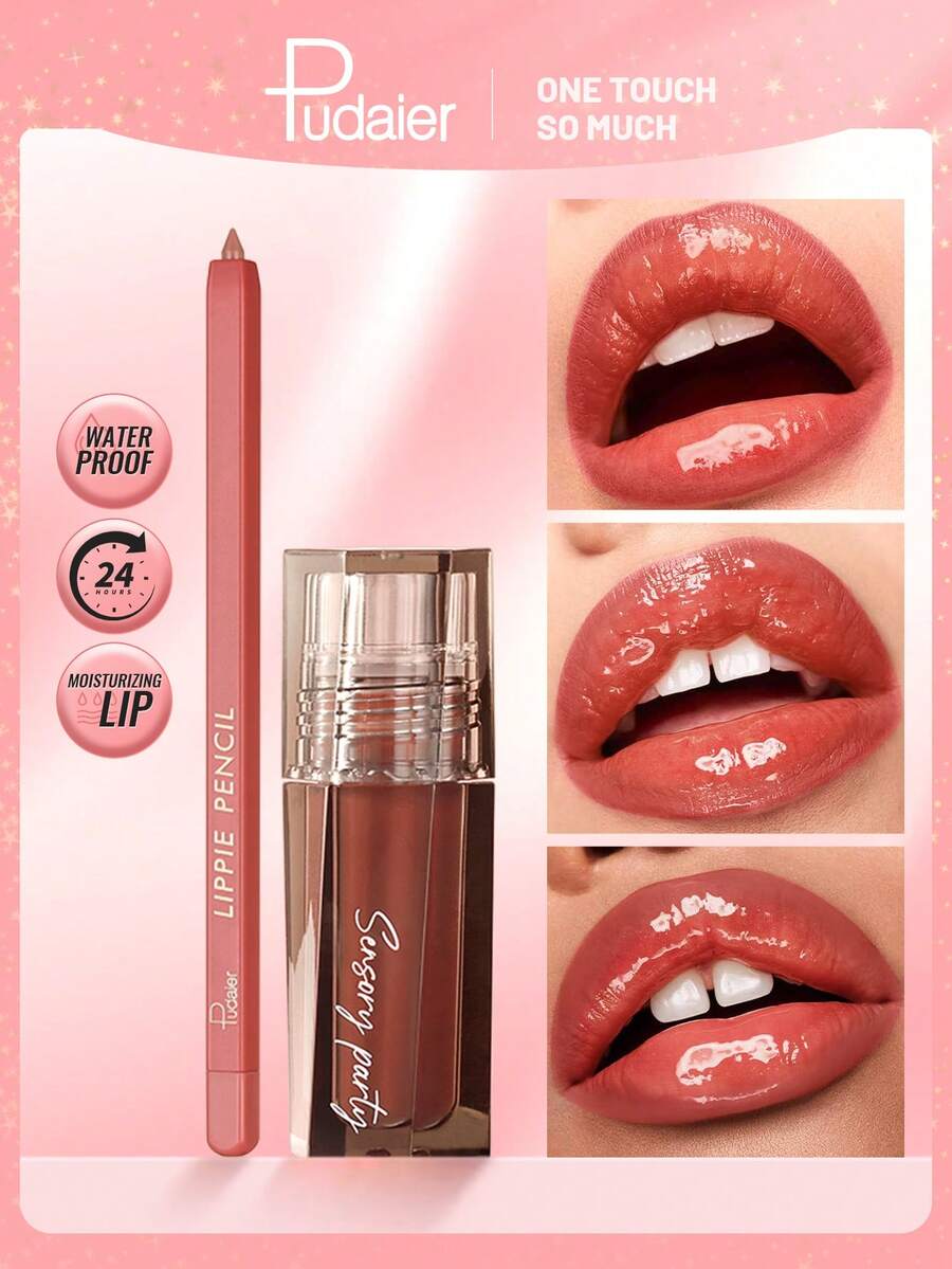 Pudaier 1 Lip Liner + 1 Lip Gloss Set, Long-Lasting Moisturizing, Smooth Application, Perfect Lip Lining, Suitable For All Skin Tones, Great Gift For Music Festivals, Parties, And Valentine's Day - 01+04 - View 1