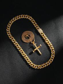Nail Cross Pendant Iced Out Hiphop Polished Rhinestone Necklace - Gold - View 4