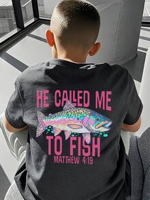 青少年男童印花短袖T恤，学生休闲夏季上衣 - 深灰色 - 查看 3