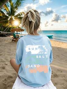 Tween Girl Coconut Tree Print Crew Neck Short Sleeve T-Shirt, Summer Top - Baby Blue - View 3