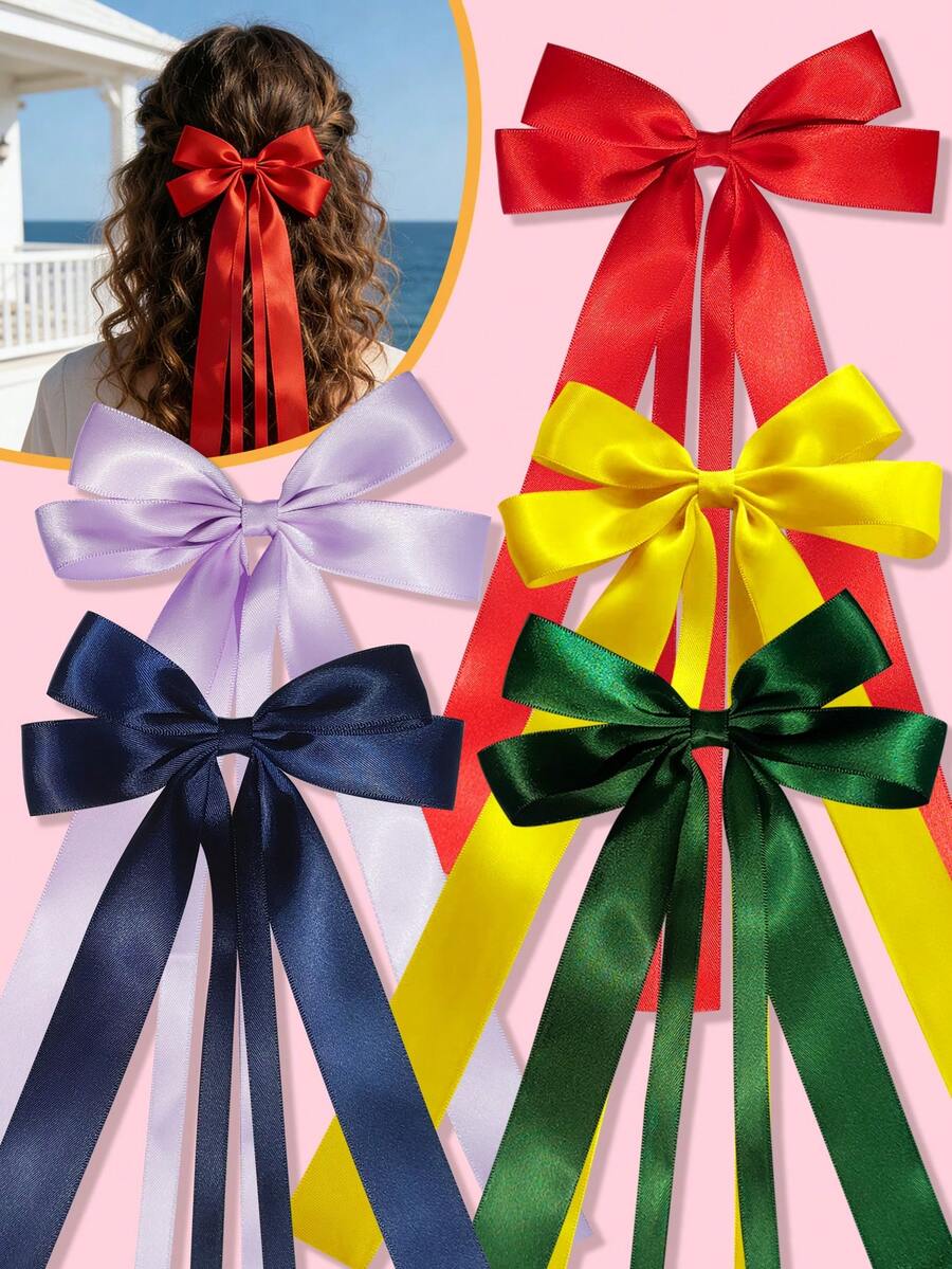 1Pc 5.5 Inch Hair Bow Fashionable Teens Girl Tassel Ribbon Bowknot Hair Bows With Clips With Small Long Tail For Festivals Party