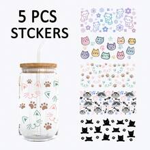 5张可爱猫咪主题UV DTF杯贴，防水防刮3D水晶贴纸，适用于16盎司玻璃杯、马克杯、工艺品，非常适合装饰个人物品！（4.3英寸 x 9.4英寸） - 貓咪 - 查看 1