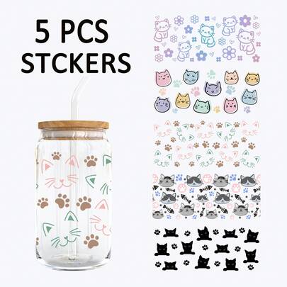 5pcs Cute Cat Theme UV DTF Cup Stickers, Waterproof Scratch-Resistant 3D Crystal Stickers, Suitable For 16oz Glass Cups, Mugs, Crafts, Great For Decorating Personal Items! (4.3in X 9.4in)