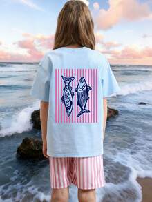 Tropical Print Pullover Short Sleeve T-Shirt, Comfortable & Fashionable Summer Top For Tween Girls - Baby Blue - View 2