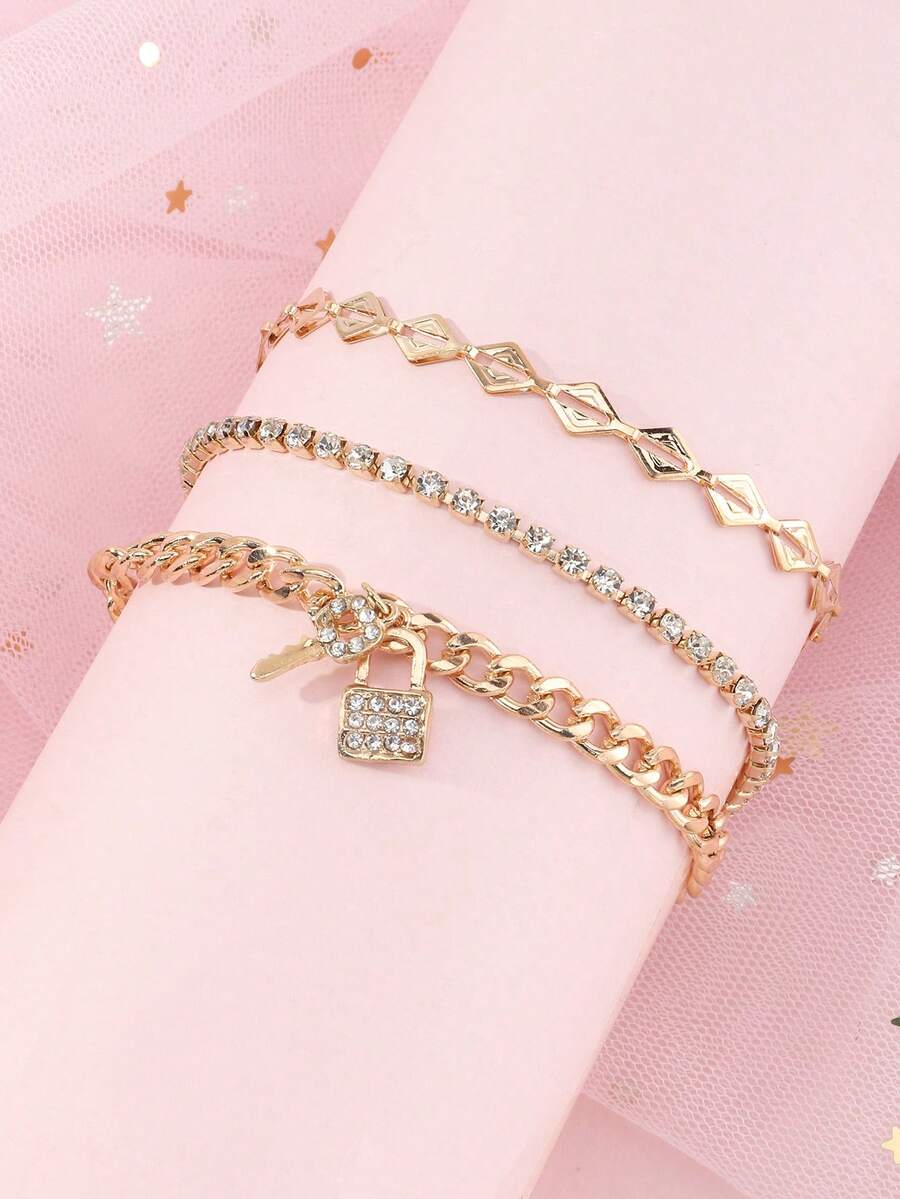 Set de 3 piezas con cadena de llavero, colgante y pulsera de cristal dorado - Dorado - Ver 1