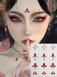 2片复古美人额头水钻贴纸，红色点缀水晶，儿童节日表演妆容，汉服秀拍照面部宝石贴纸，自粘式，适合女孩和女性 - 彩色 - 查看 2