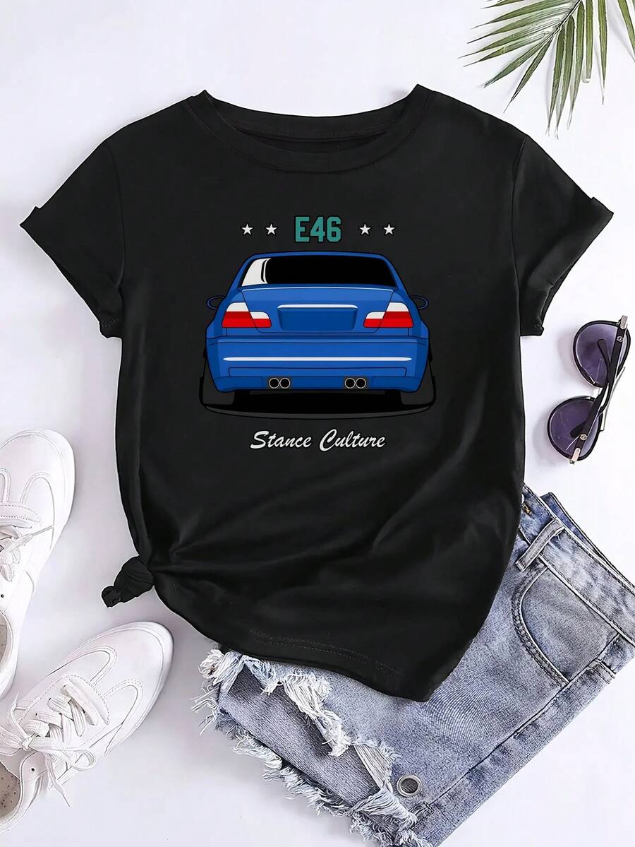 Women'S Casual Crew Neck T-Shirt With "E46 STANCE CULTURE" Letter Print, Short Sleeve Top For Casual Attire, Ladies T Shirts - 黑色 - 查看 1