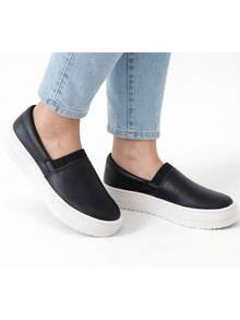 Women's Casual PU Leather Slip-On Sneakers For School And Outdoor Activities - màu đen - Xem 3