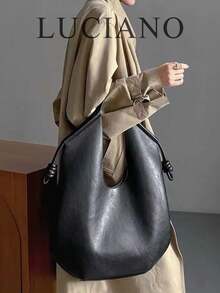 Casual Minimalist Large-Capacity Tote Bag, Retro Slouchy Drawstring Shoulder Bag, Multifunctional Premium Office Pleated Shopping Bag - Black - View 7