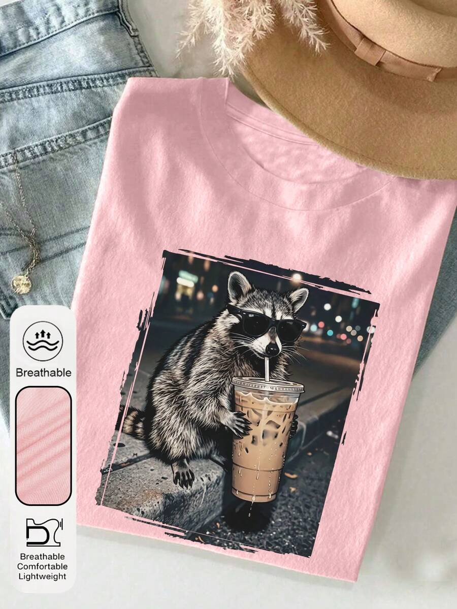 Women's Casual Short Sleeve Round Neck Top, Featuring Raccoon Drinking Coffee Graphic, Animal Expression Print Pink T-Shirt - Pink - View 1