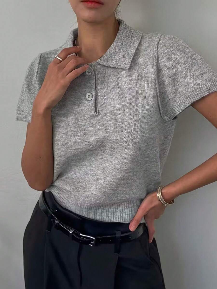 女士休闲夏季服装 Polo 领纽扣针织短袖上衣度假装 - 灰色 - 查看 1