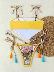 新款波西米亚风黄色碎花系带比基尼，休闲性感优雅泳衣，饰以鲜艳的碎花图案和撞色滚边，适合海滩、度假、派对等场合。 - 彩色 - 查看 3