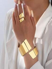 1 Set de joyería de estilo bohemio con brazalete y anillo de metal liso con diseño geométrico, adecuado para uso diario, fiestas, casual y vacaciones de mujeres - Conjunto geométrico - Ver 1