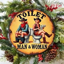 2D Flat Metal Wall Art - 8"X8" Vintage Western Theme "Men's & Women's" With Cowboy And Cowgirl Illustration, Suitable For Country Decor In Bar, Cafe, Office And Bathroom, Unique Gift Idea, Cafe Decor | Vintage Western Design | Durable Metal Art, Western Wall Art, Random Hole Placement - Multicolor - View 8