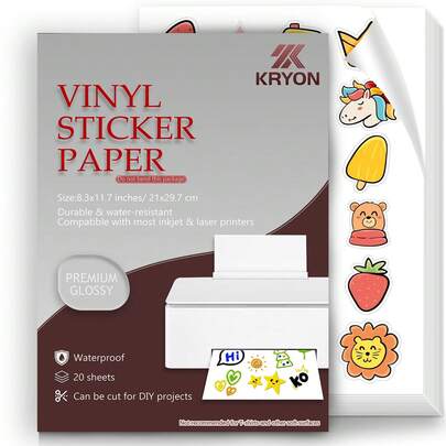 KRYON A4 20 Blatt glänzend weißes bedruckbares Vinyl-Aufkleberpapier - wasserbeständiges selbstklebendes Etikettenpapier, nur für Tintenstrahldrucker, für DIY-Etiketten, Aufkleber und Basteleien