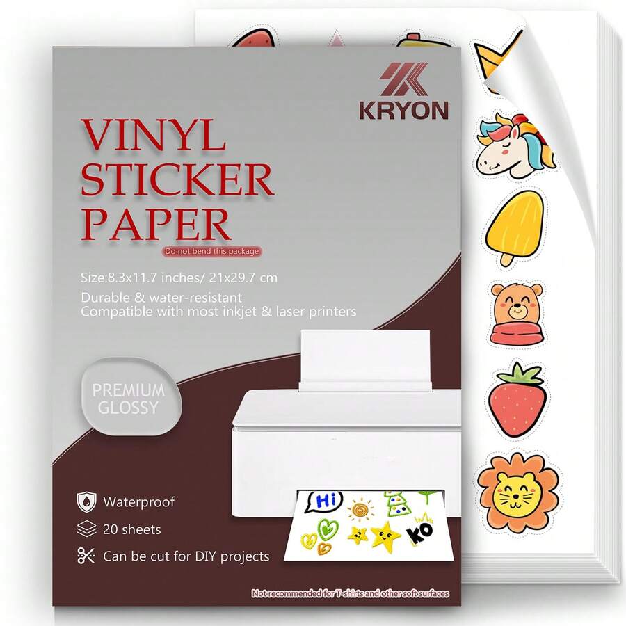 20 hojas A4 de papel adhesivo vinílico blanco brillante imprimible de KRYON - Papel autoadhesivo resistente al agua, solo para impresora de inyección de tinta, para etiquetas DIY, calcomanías y manualidades