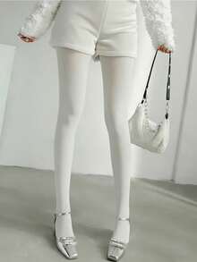 1 Pair Women's White Elastic Skinny Leggings, Fleece Lined, Suitable For Spring And Autumn - White - View 2