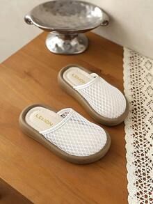 儿童网面拖鞋，夏季透气防滑室内家居拖鞋，幼儿包头软橡胶鞋底，易穿脱 - 白色 - 查看 3