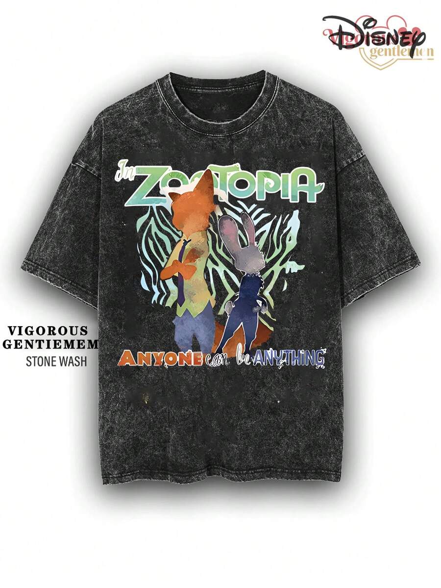 Disney Zootopia "Anyone Can Be Anything" Stone Wash Cotton 180g Streetwear Tee - màu đen - Xem 1