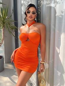 AIJ Amarilo Women's Sexy Backless Bodycon Mini Dress, Tie Neck, Metal Buckle Detail, Front Cutout Design, Suitable For Summer Parties And Celebrations Party - Orange - View 5