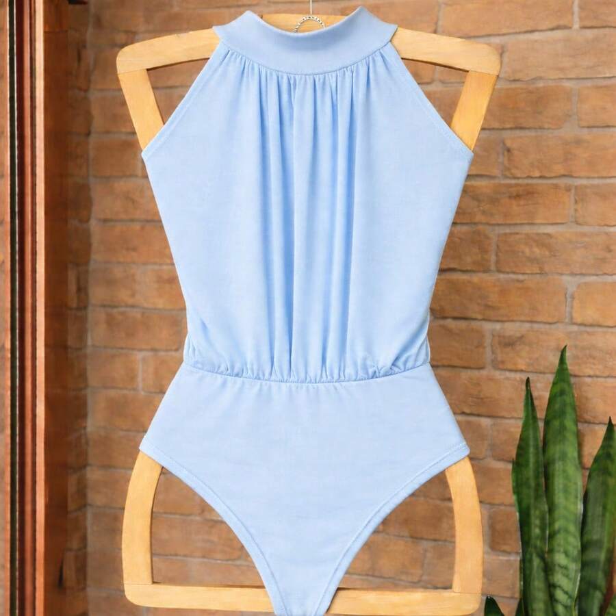 Elegant Halter Neck Bodysuit For Women, Sleeveless, Off-The-Shoulder Design With Fitted Waist Detail. - Baby Blue - View 1