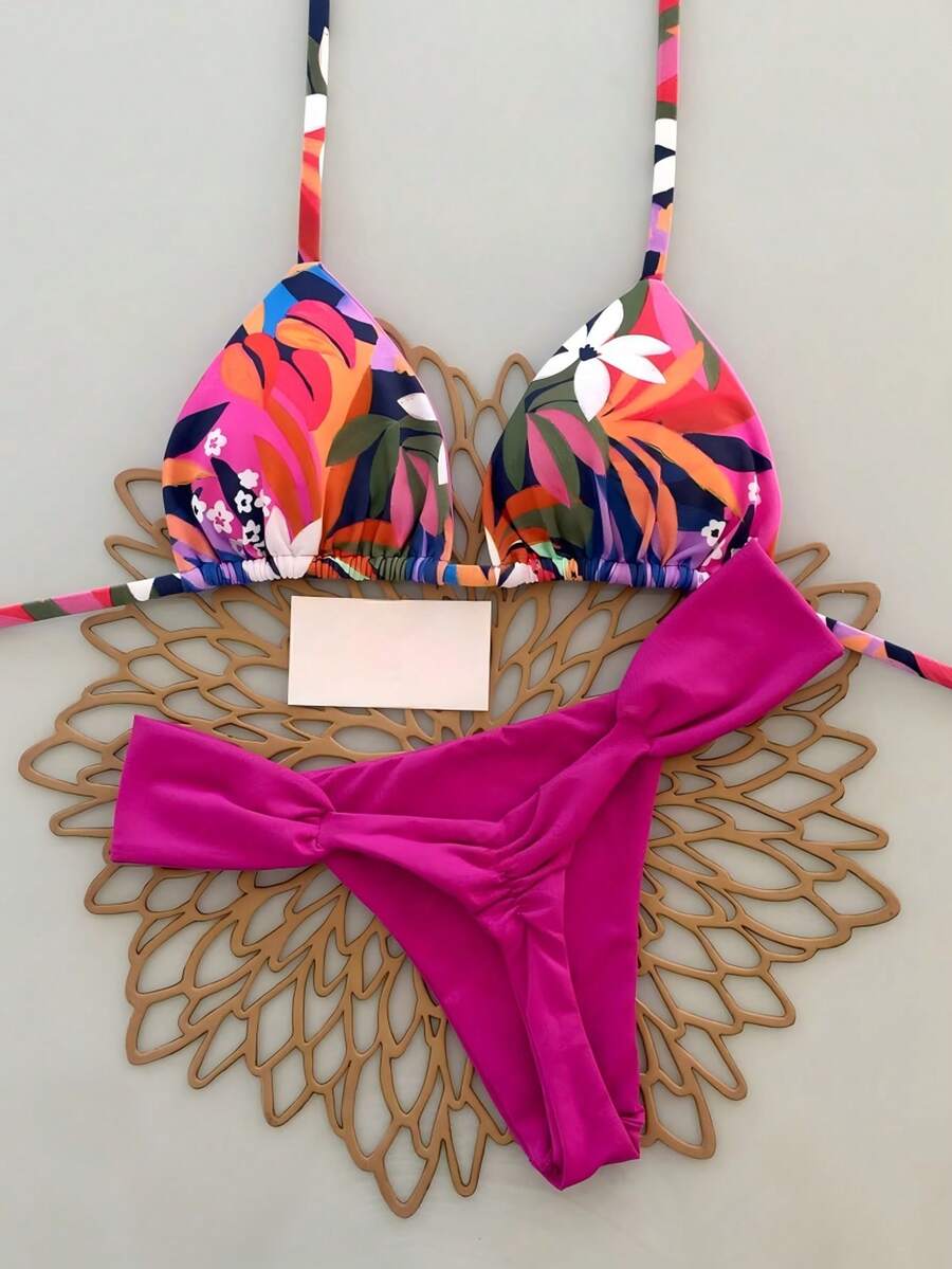 2pcs Casual Cute Elegant Sexy Bohemian Floral Tie-Up Braided Bikini Swimsuit, Beach Vacation, Spring/Summer - Multicolor - View 1