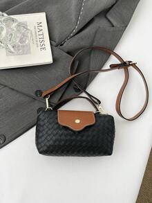 Women's Mini Handbag, Patchwork Color Block, Woven Texture, Crease Detail, Minimalist Shoulder Bag, Magnetic Snap Closure, Casual & Fashionable - Black - View 8