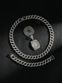 合金满钻月牙形时尚嘻哈项链街头酷炫配饰，生日派对礼物 - 銀色 - 查看 4