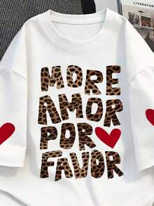 Conjunto de Primavera para Mulheres Plus Size, Roupa de Verão, Roupa de Férias para Mulheres Plus Size, Verão, Camiseta de Dia dos Namorados Moda Novo Estilo Plus Size Mulheres Gola Redonda Personalizada Impressão de Letra em Inglês Estampa de Leopardo Moda Verão Casual Manga Curta Camiseta Branca - Branco - Visão 3