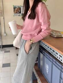 女士休闲纯色落肩圆领长袖毛衣 粉色 - 粉色 - 查看 6