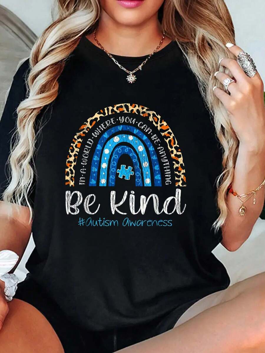playeras de algodón mujer, Camiseta "é amable, concientización sobre el autismo, aceptación, arcoíris, elige la amabilidad" conjuntos de mujer tops - Negro - Ver 1