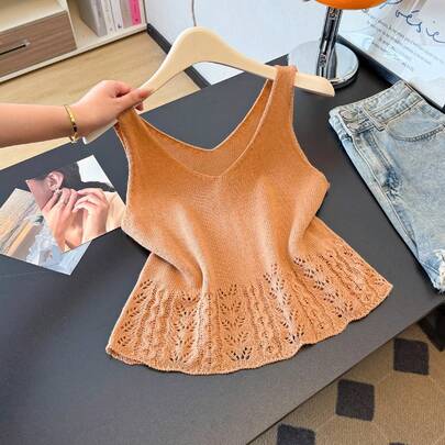 Women's Casual Knit Vest, Solid Color Hollow Pattern, Suitable For Summer Vacation And Beach
