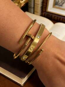 1pc High Quality Stainless Steel Floral Bracelet Set For Women, Suitable For Daily Wear, Party And Everyday Use, European And American Style, Personalized, Elegant, Luxury Cubic Zirconia Bracelet - Gold - View 2
