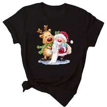 Maycaur Fashion Women's Tops Tee Women Merry Christmas Holiday Tshirts  Cartoon Santa Reindeer Printed Black T-Shirt Female - 黑色 - 查看 1