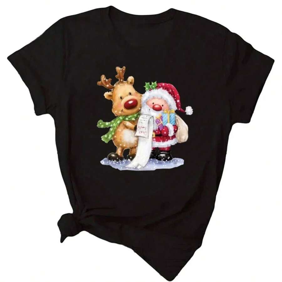 Maycaur Fashion Women's Tops Tee Women Merry Christmas Holiday Tshirts  Cartoon Santa Reindeer Printed Black T-Shirt Female - 黑色 - 查看 1