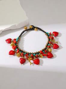 1pc Bohemian Style Turquoise Heart Pendant Wax Rope Woven Anklet, Suitable For Women's Daily And Holiday Wear, Especially Suitable For Summer - Multicolor - View 9