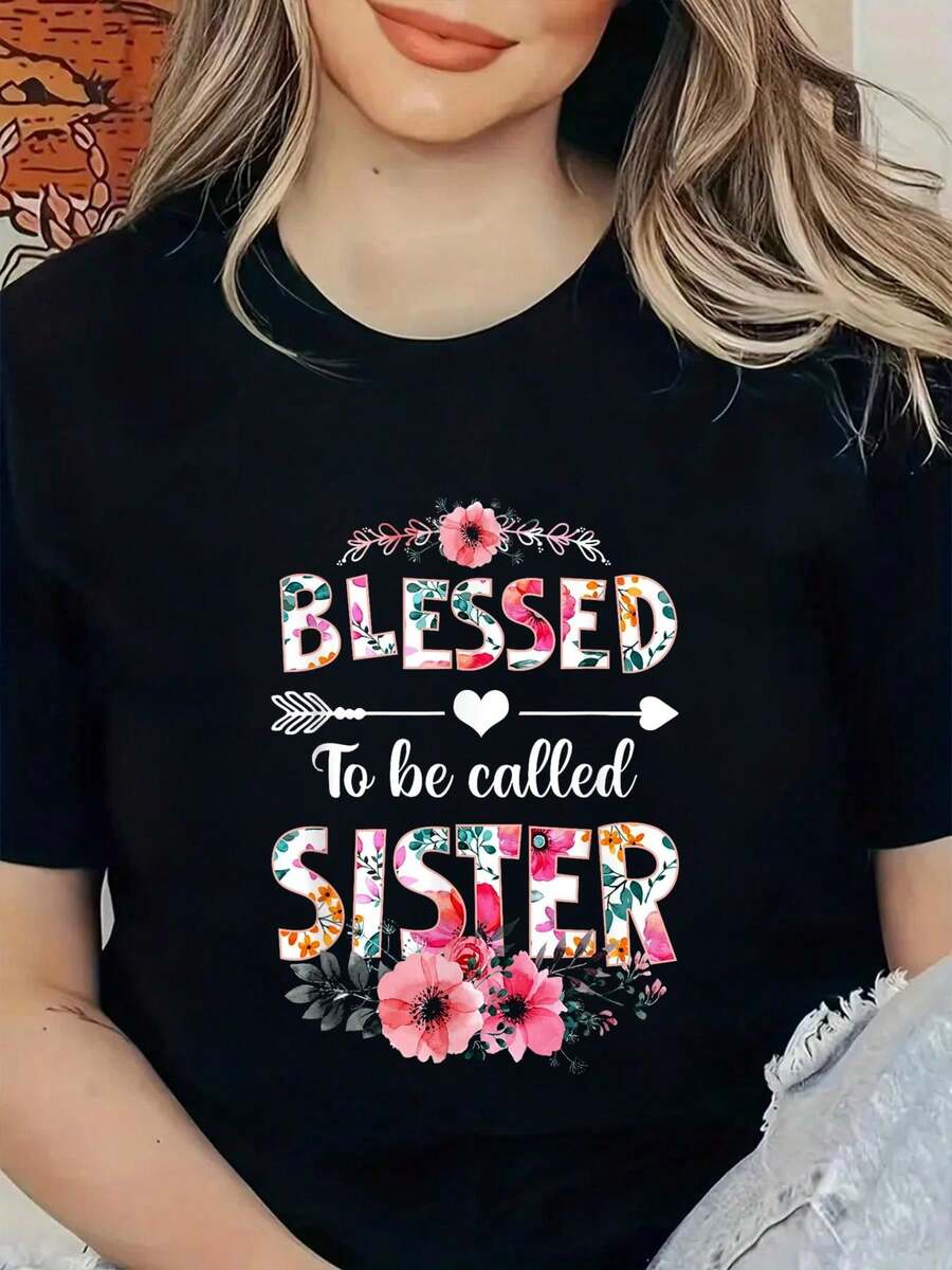 Camiseta Bendecida de Llverse de Hermana, Divertida Camiseta para el Día de la Madre, Camisetas Gráficas para Mujer - Negro - Ver 1