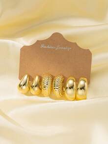 2-18pcs Luxury Chunky Twist Texture + Metal Embossed Faux Wood C-Shape Teardrop Earring Set, Suitable For Women's Daily & Party Wear, Includes 3D Textured Exaggerated C-Shape, Vintage Circle Earrings - Gold CCB Earrings Set - View 5