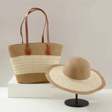 Conjunto de bolso y sombrero tejido de paja de gran capacidad, sombrilla de viaje al aire libre, bolso de mano adelgazante con ala grande, estilo de bolso de cubo a la moda - Caqui de cinco granos - Ver 13