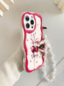 奶油色纹理波浪边亮面樱桃彩绘防震手机壳，配手工串珠手链配件，兼容 16/11/16 Pro/16 Plus/16 Pro Max/16 e/15 Pro Max/13/14/12/XS/XR/7G/8P、Galaxy S25/S25 Plus、11/12 Pro/12/12 X/13 Pro/14 Pro/15 Pro、10/9/Note9/12c/Note11 Pro/Note8 Pro，国际版，非国内版 - 彩色 - 查看 5