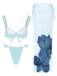 情人节春夏新款海滩度假派对藏蓝色优雅性感三件套比基尼：带衬垫抹胸上衣 + 渐变印花长裙 - 彩色 - 查看 3