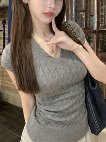 新款春夏休闲V领扭结修身灰色针织短袖上衣 - 花灰色 - 查看 2