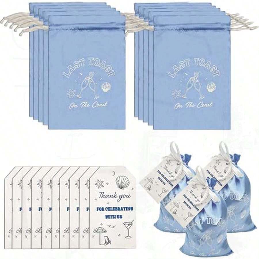 Aunthvra 10 Pack Bachelorette Drawstring Storage Bags With Gift Tags, Blue Satin Gift Wrap Bags Last Toast On The Coast Hangover Kit Bag For Bachelorette Party Favor Bridesmaid Gifts, 6 X 8 Inch - 藍色 - 查看 1