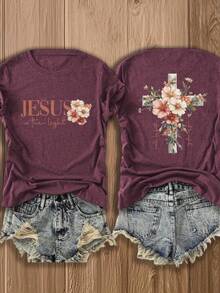 Jesus Flower Cross Double-Sided Printed T-Shirt-Fashion Belief Design Is Suitable For Casual Wear, Very Suitable For Christian Women, Fashionable And Comfortable Cotton Blended T-Shirt, Double-Sided Printed Flowers. - 玫紅色 - 查看 1